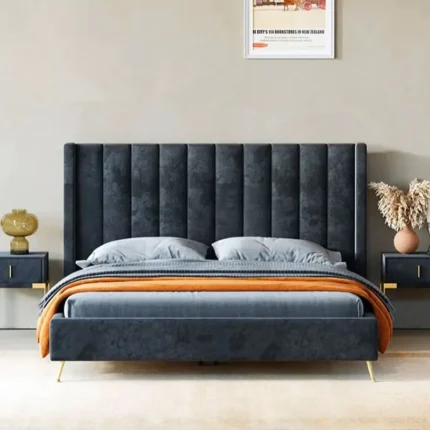 Charcoal Cotton and Polyester Upholstered Bed