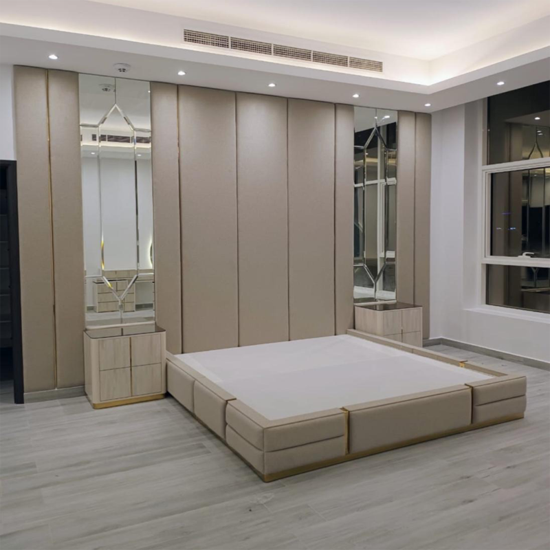Luxury Upholstered Bed with Mirror Headboard