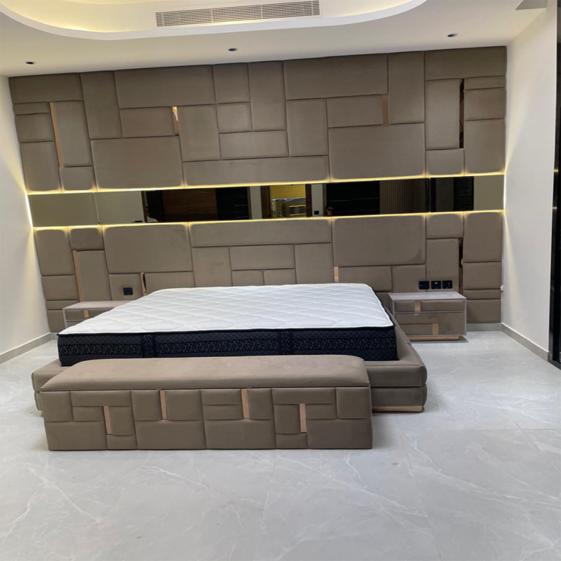 Taupe Geometric Panel Upholstered Bed
