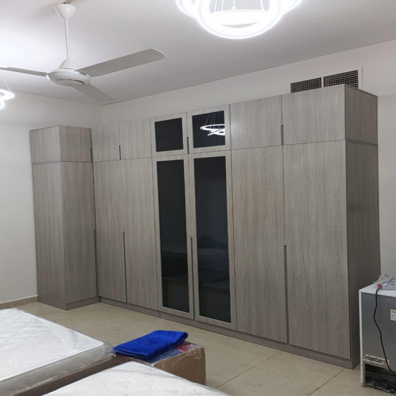 Modern Grey Wood Wardrobe with Glass Panels